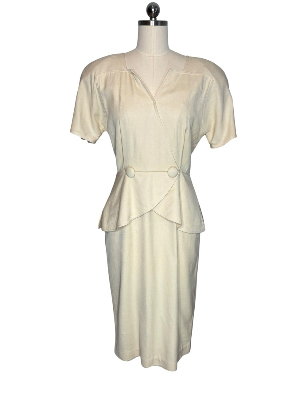Oleg Cassini Vintage Cream Silk Peplum Midi Dress | 8